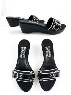 Salvatore Ferragamo Leather Gancio Buckle Wedge Slides Sandals Slip-Ons 7.5